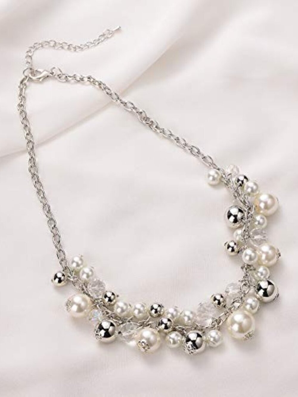 🆕 Chunky Beaded Statement Necklace for Women Boho Silver Pendant Collar